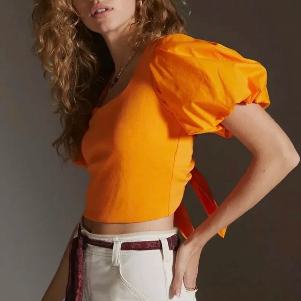 Anthropologie Puff Sleeve Tie Back Top